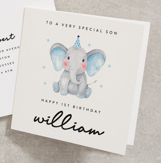 Elephant First Birthday Card, Boys First Birthday Card, Son 1st Birthday Card, Boy, Blue, Baby Son First Birthday, Personalised BC844