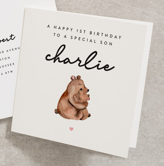 Woodland 1st Birthday Card, Happy 1st Birthday To A Special Son, Personalised 1st Birthday Card Boy, Bear First Birthday, Animal, Cute BC828