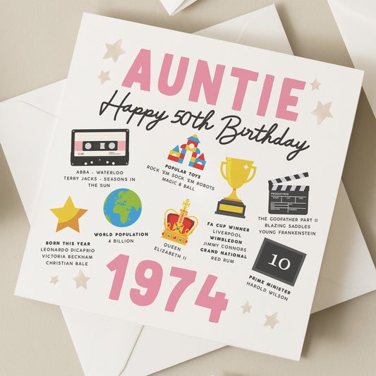 50th Birthday Card, Fact Birthday Card For Auntie, Gift For Auntie, Milestone Birthday Card, Gift For Her, Aunty, For Aunt, Born In 1974