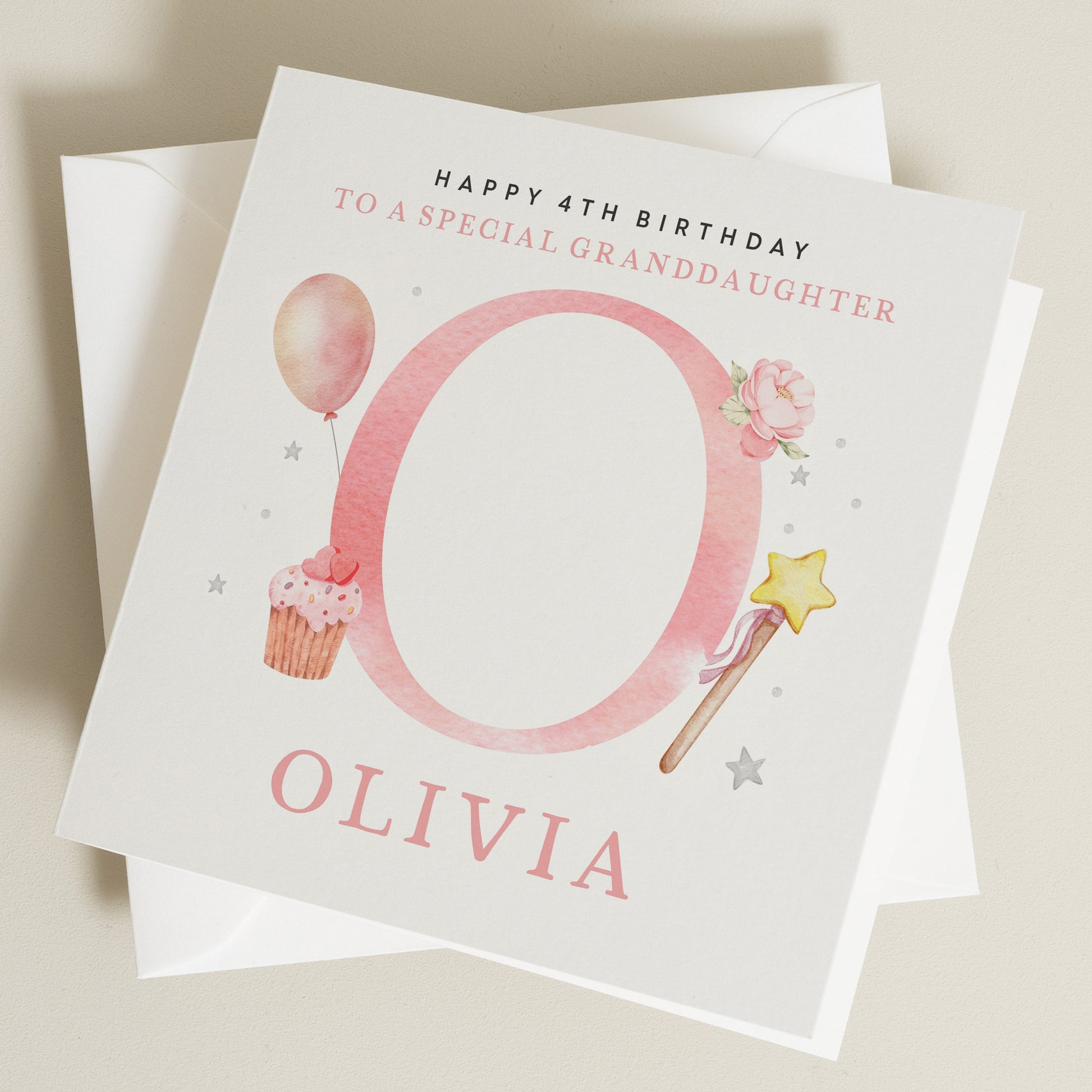 Granddaughter 4th Birthday Card, Granddaughter Cupcake Birthday Card, Any Name Any Age 4th Birthday Card, Letter Birthday Princess Card