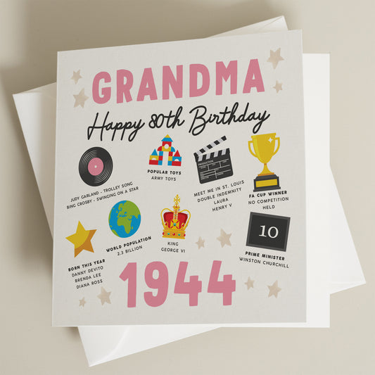 Grandma 80th Birthday Card, Fact Birthday Card For Grandma, Gift For Grandma, Milestone Birthday Card, Born In 1944