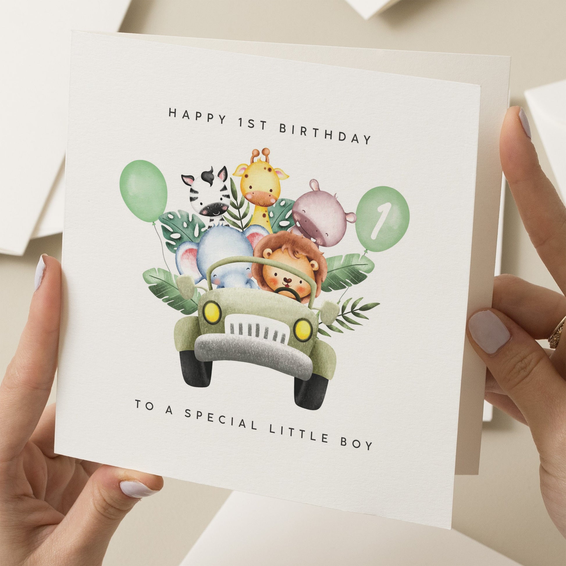 Animal 1st Birthday Card For Boy, Safari Birthday Card For Grandson, Cute Nephew 1st Birthday Card, 1st Birthday, Cute Safari Truck Card