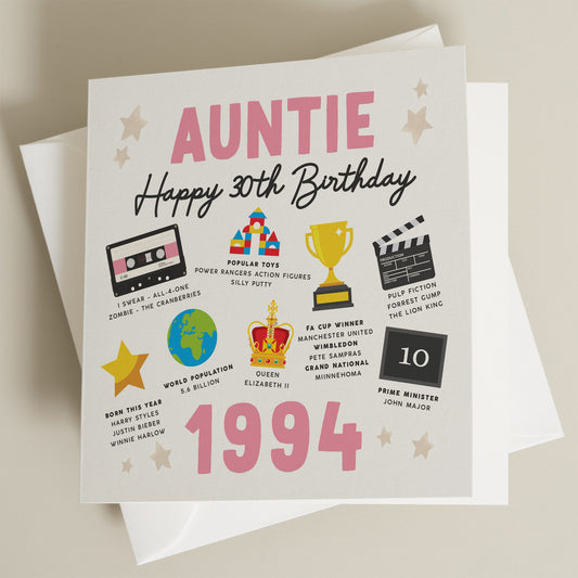 30th Birthday Card, Fact Birthday Card For Auntie, Gift For Auntie, Milestone Birthday Card, Gift For Her, Aunty, For Aunt, Born In 1994