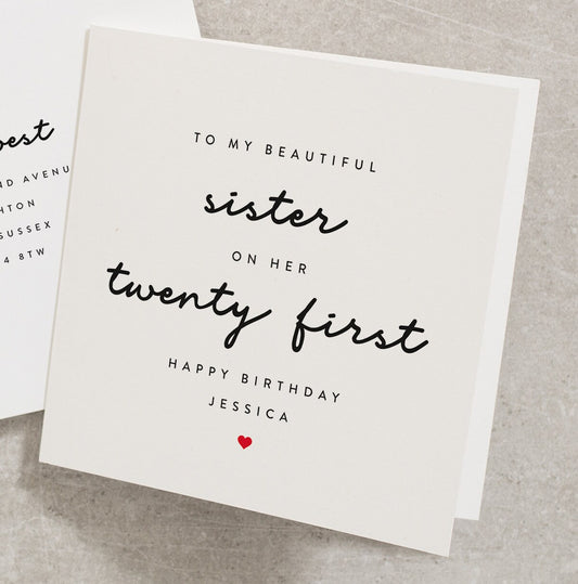 To My Beautiful Sister On Her Twenty First, Sister Birthday Card, 21st Birthday Card, Birthday Card For Sister, Sibling Birthday Card BC432