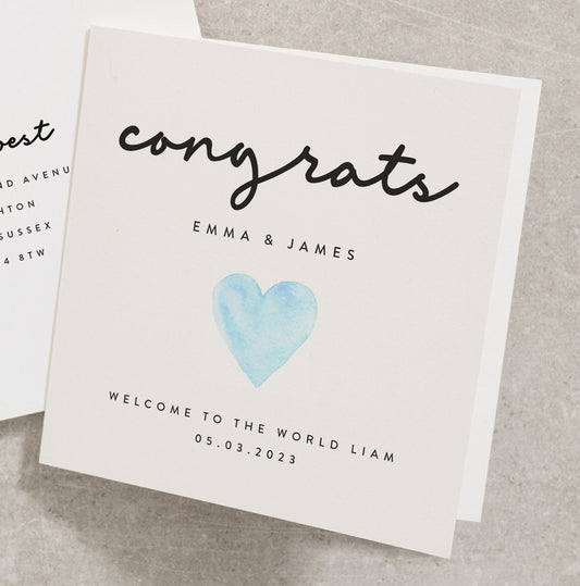 Personalised New Baby Card, Blue Heart Baby Boy Card, Congratulations Baby Card, New Arrival Card, Baby Boy, New Parents Card NB050