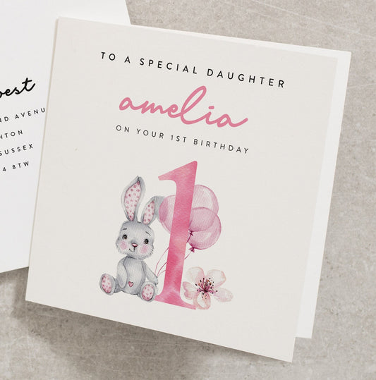 First Birthday Card Girl, To A Special Daughter On Your 1st Birthday, Personalised, Any Name, 1st Birthday Card Girl, Rabbit, Cute BC816