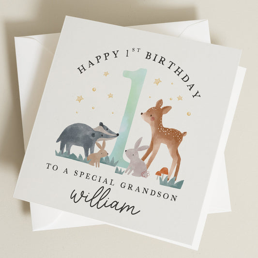 Grandson 1st Birthday Card, Animal Birthday Card For Grandson, First Birthday Nephew, Son 1st Birthday, Special First Birthday Card For Boy