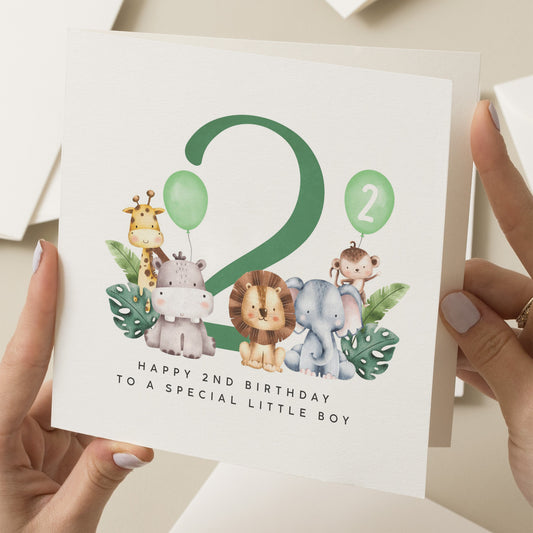 Animal 2nd Birthday Card For Boy, Safari Birthday Card For Grandson, Cute Nephew 2nd Birthday Card, Second Birthday, Cute Safari Animal Card