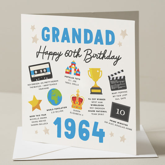 Grandad 60th Birthday Card, Fact Birthday Card For Grandad, Gift For Grandad, Milestone Birthday Card, Gift For Him, Pops, Born In 1964