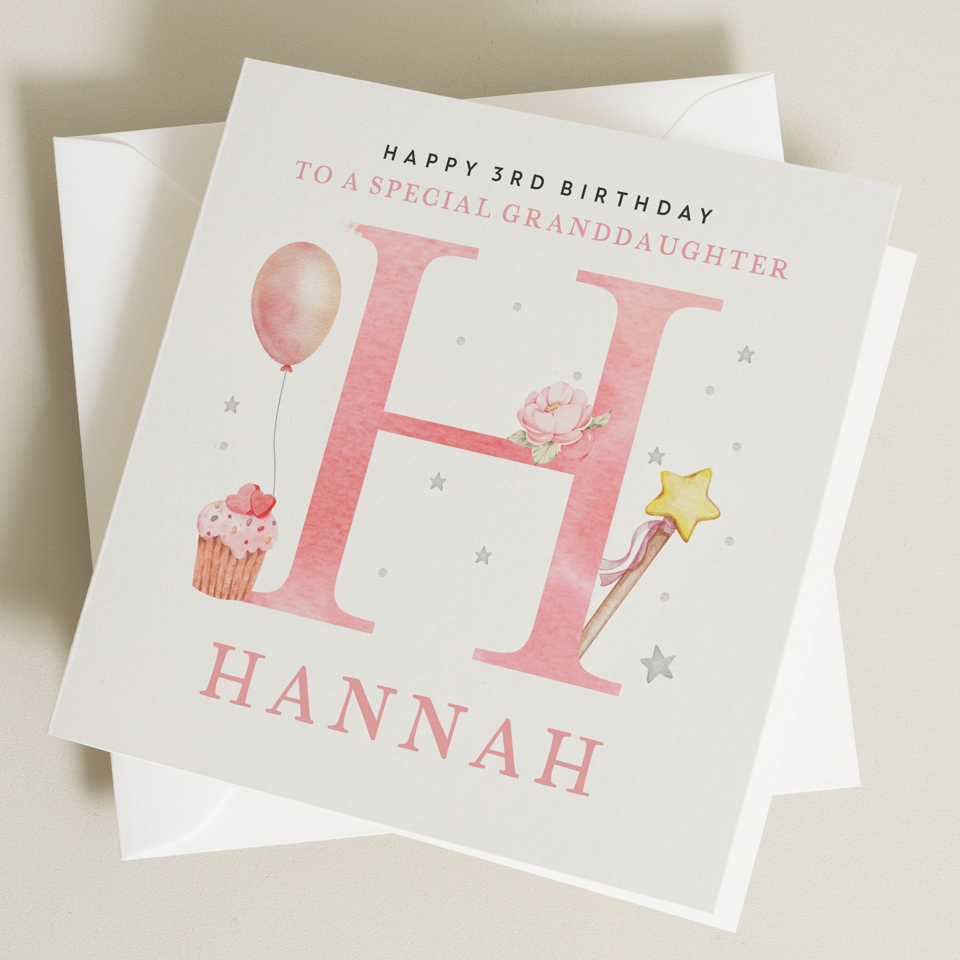 Pink Happy 3rd Birthday Card For Her, Any Name Any Letter, Cupcake 3rd Birthday Card, Personalised Birthday Card For Granddaughter BC1240