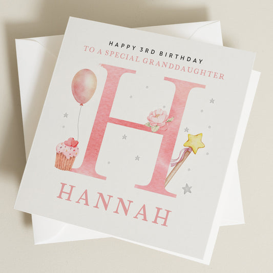 Pink Happy 3rd Birthday Card For Her, Any Name Any Letter, Cupcake 3rd Birthday Card, Personalised Birthday Card For Granddaughter BC1240