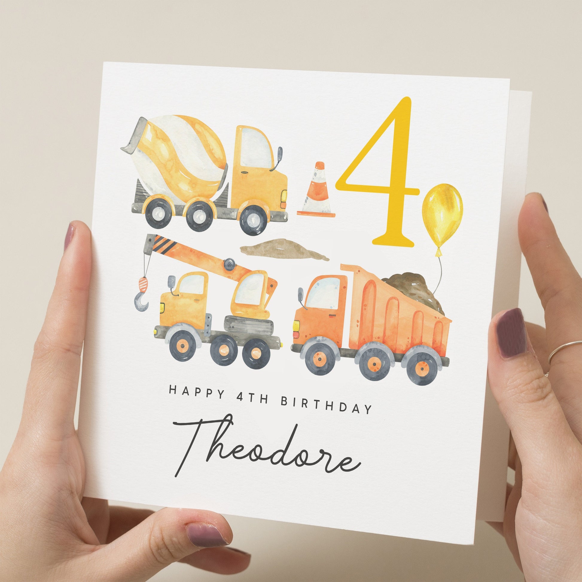 Personalised 4th Birthday Card For Son, Digger Birthday Card, Construction Birthday Card For Boy, For Grandson, 4 Year Old Boy Gift