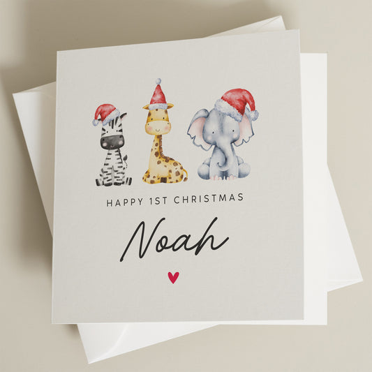 Happy 1st Christmas Card, Personalised Christmas Card For Boy, First Christmas Card with Cute Christmas Animal, Baby Girl 1st Christmas Card