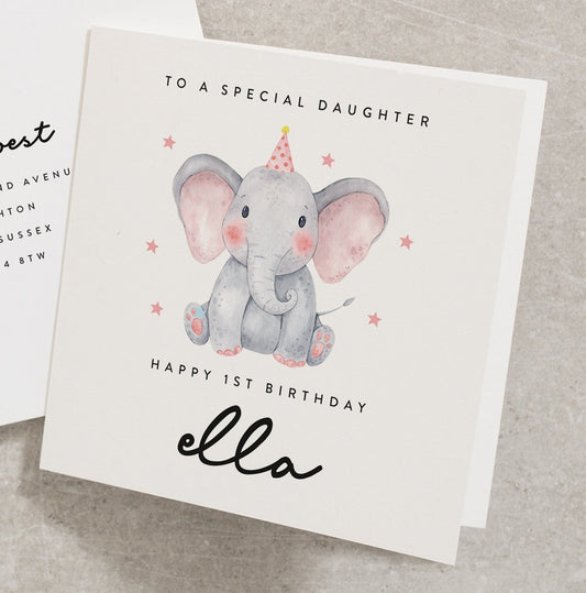 Elephant First Birthday Card, Girls First Birthday Card, Daughter 1st Birthday Card, Pink, Baby Girl First Birthday, Personalised BC845