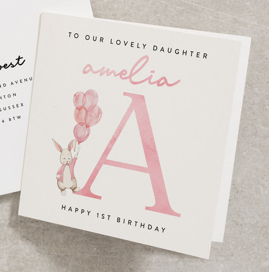 To Our Lovely Daughter, Happy 1st Birthday Card, Bunny Birthday Card, Personalised With Any Name, Birthday Card Lettered, Any Letter BC852