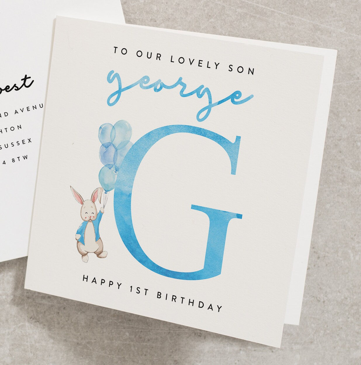 To Our Lovely Son, Happy 1st Birthday Card, Bunny Birthday Card, Personalised With Any Name, Birthday Card Lettered, Any Letter, First BC851