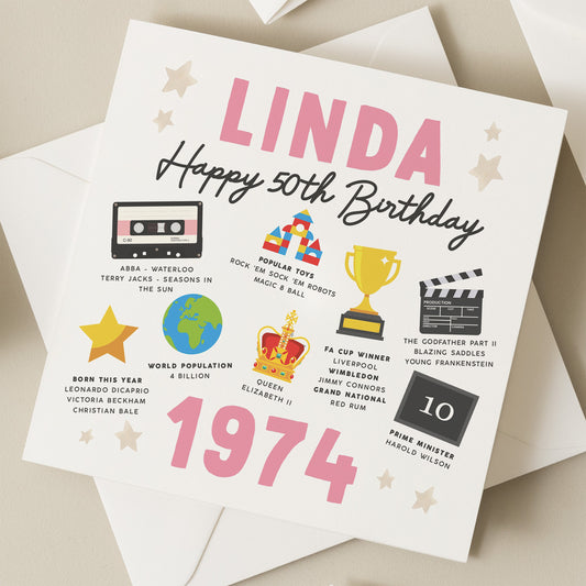 Personalised 50th Birthday Card, Fact Birthday Card For Her, 50th Birthday Gift, Milestone Birthday Card, Gift For Friend, Born In 1974