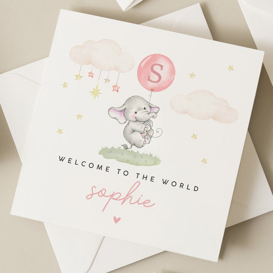 Personalised New Baby Card, New Baby Gift For Girl, Welcome To The World Baby Girl Card, Baby Girl Elephant Card, Cute New Born Card Girl