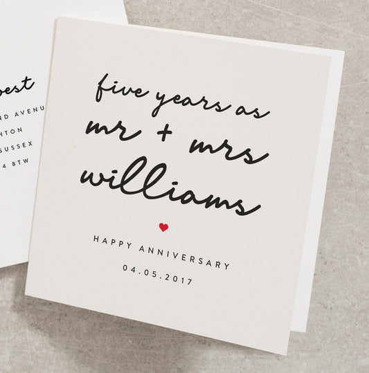 Mr + Mrs Five Years Wedding Anniversary Card, Husband Wedding Anniversary Card, Personalised Wedding Anniversary Card For Wife AN135