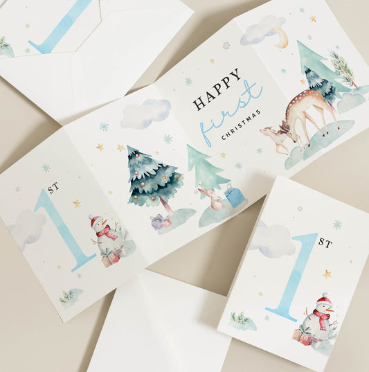 Happy 1st Christmas Card, Christmas Card For Boy, First Christmas Card Boy, with Cute Winter Animal, Baby&#39;s 1st Christmas Card