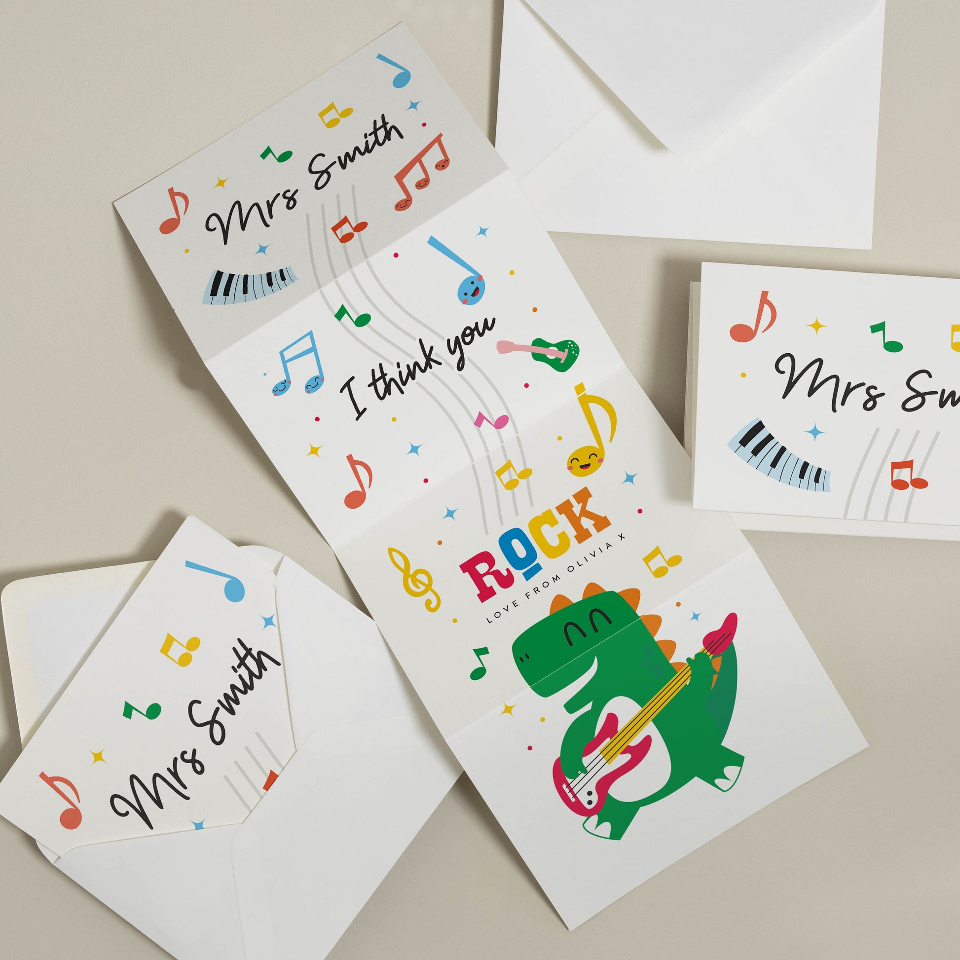 Dinosaur Thank A teacher A6 Concertina Greeting Card With Envelope, Rock Music &#39;You Rock&#39; Folded Teacher Thank You Card, TC091