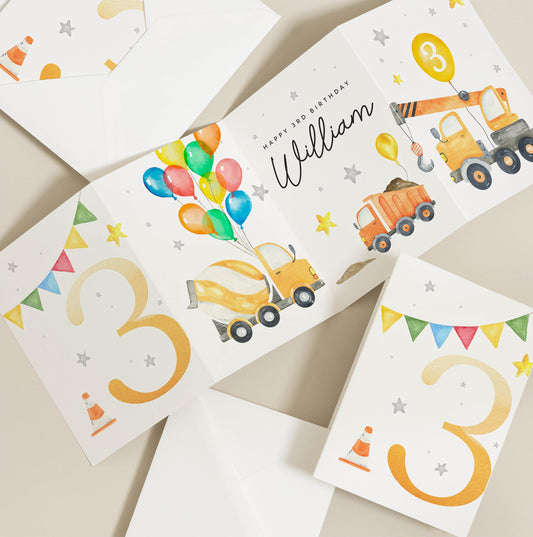 Son 3rd Birthday Card, Grandson 3rd Birthday Card, Personalised 3rd Birthday Card, Construction Birthday Card For Boy, Digger Birthday Card