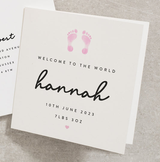 Personalised New Baby Girl Card, It&#39;s a Girl Card, Welcome To The World Card, Pink Baby Girl Custom Name Card, New Born Baby Card NB024