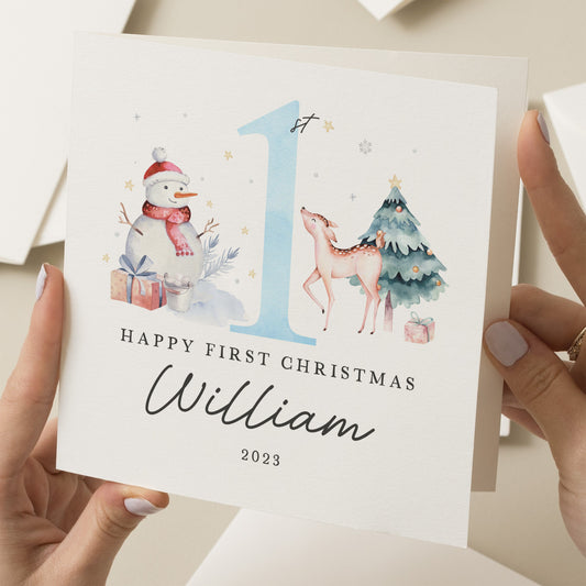 Happy 1st Christmas Card, Personalised Boy Christmas Card, 2023 First Christmas Card Cute Christmas Animal, Baby Girl 1st Christmas Card