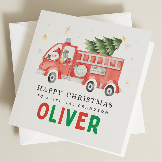 Fire Truck Christmas Card for Grandson, Grandson Christmas Card, Xmas Card Grandson, Custom Xmas Grandson, Special Grandson Christmas Card