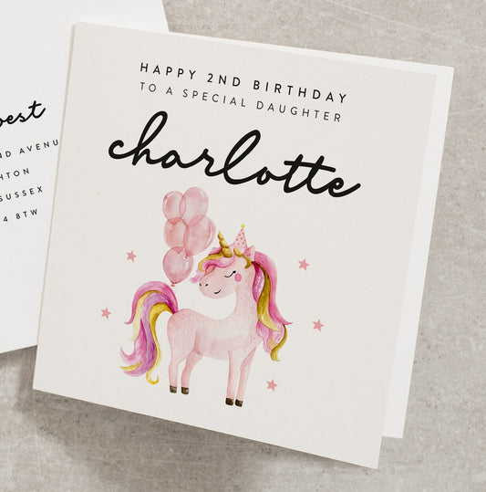 Happy 2nd Birthday To A Special Daughter, Personalised Daughters Second Birthday Card, Unicorn Second Birthday, For Daughter, For Her BC939