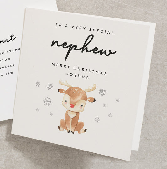 Personalised Nephew Christmas Card From Auntie, Uncle, Cute Reindeer Christmas Card For Baby Boy Nephew with Custom Name CC660