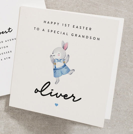 Happy 1st Easter To A Special Grandon, Personalised Easter Card, Any Name, Baby Boy Easter Card, For Grandson, Blue Rabbit Easter Card EC018