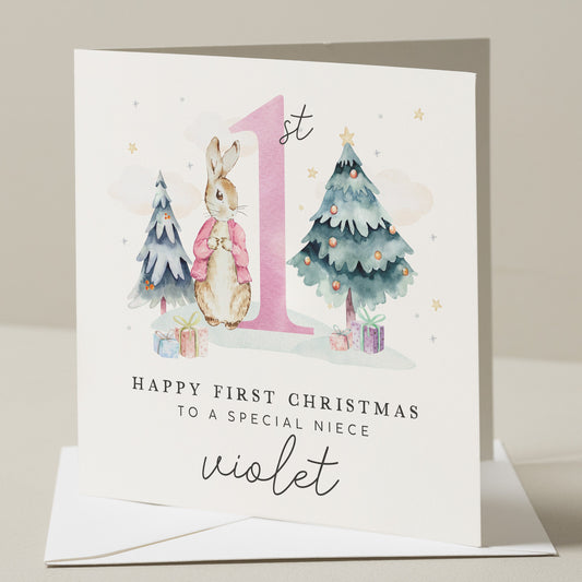 Personalised Niece Christmas Card, 1st Christmas Card Niece, Christmas Card Niece, Cute Christmas Card For Niece, Rabbit Christmas Card