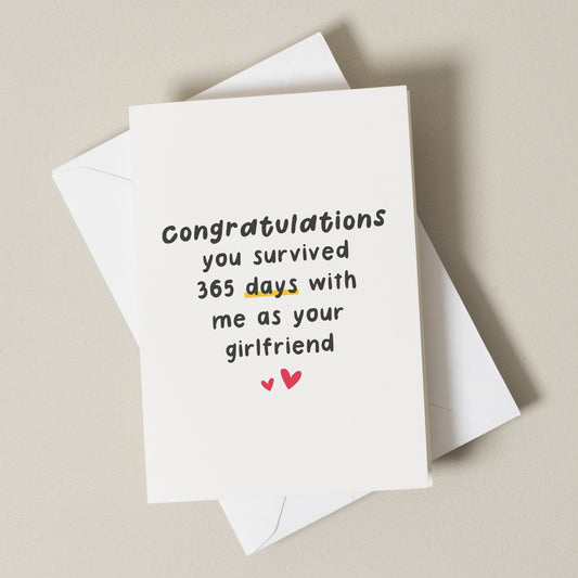 1 Year Boyfriend Anniversary Card, Congratulations You Survived 365 Days with Me as Your Girlfriend, 1st Anniversary Card for Boyfriend