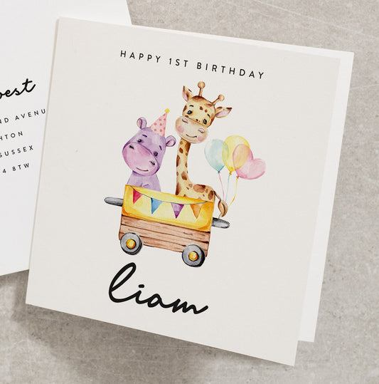 Cute Birthday Card, Safari Animal Birthday Card For Baby, First Birthday Card, Personalised 1st Birthday Card, Any Name, Animal BC850