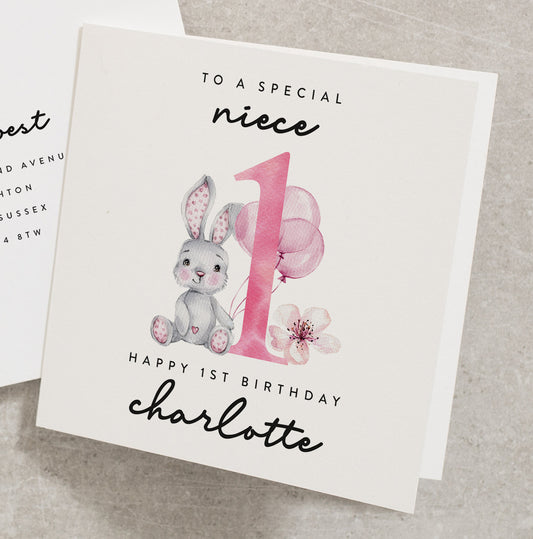 To A Special Niece, Happy 1st Birthday, Personalised Niece First Birthday Card, Bunny, Pink, Watercolour 1st Birthday Card For Baby BC864