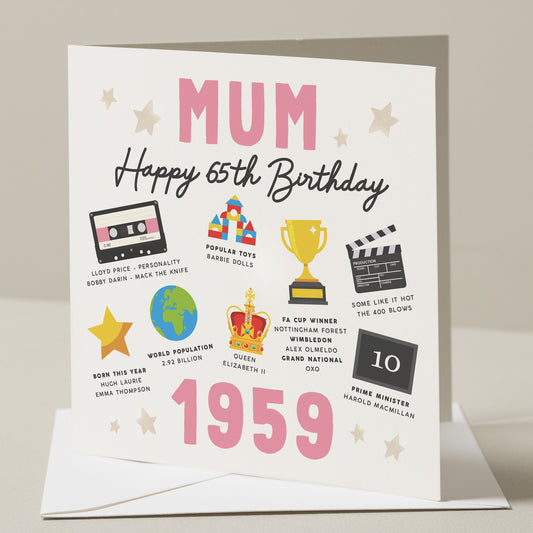 65th Birthday Card For Mum, Fact Birthday Card For Mum, Gift For Mum, Milestone Birthday Card, Gift For Mum, Mummy, For Her, Born In 1959