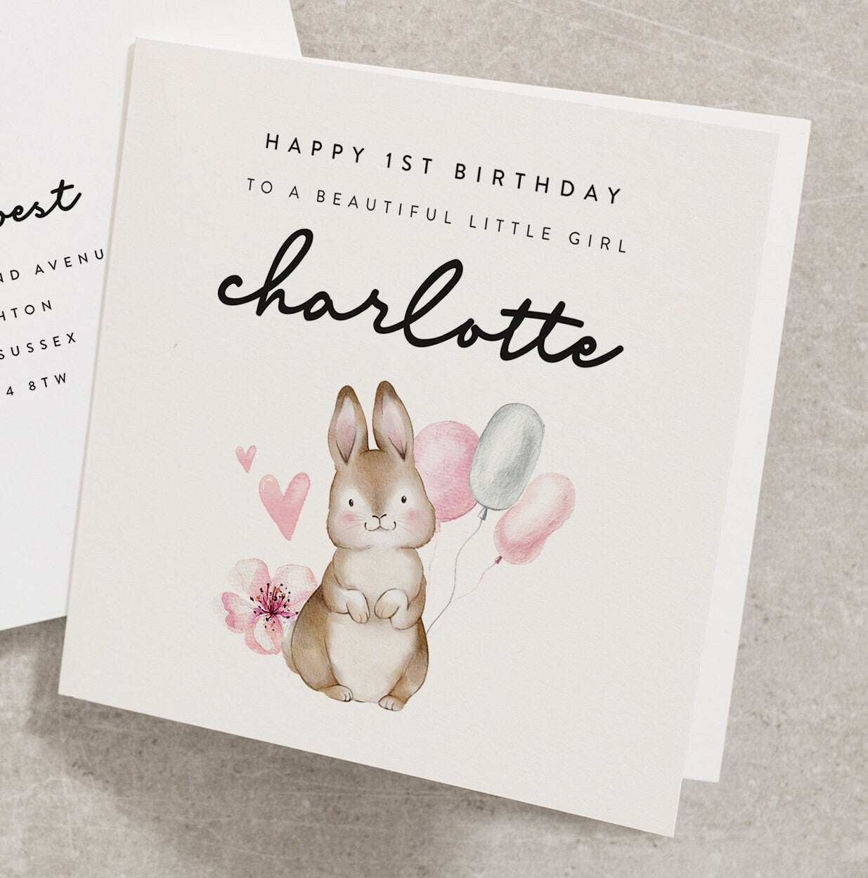 Happy 1st Birthday To A Beautiful Little Girl, Personalised Birthday Card, Bunny Birthday Card, First Birthday Girl Card, Kids Card BC820