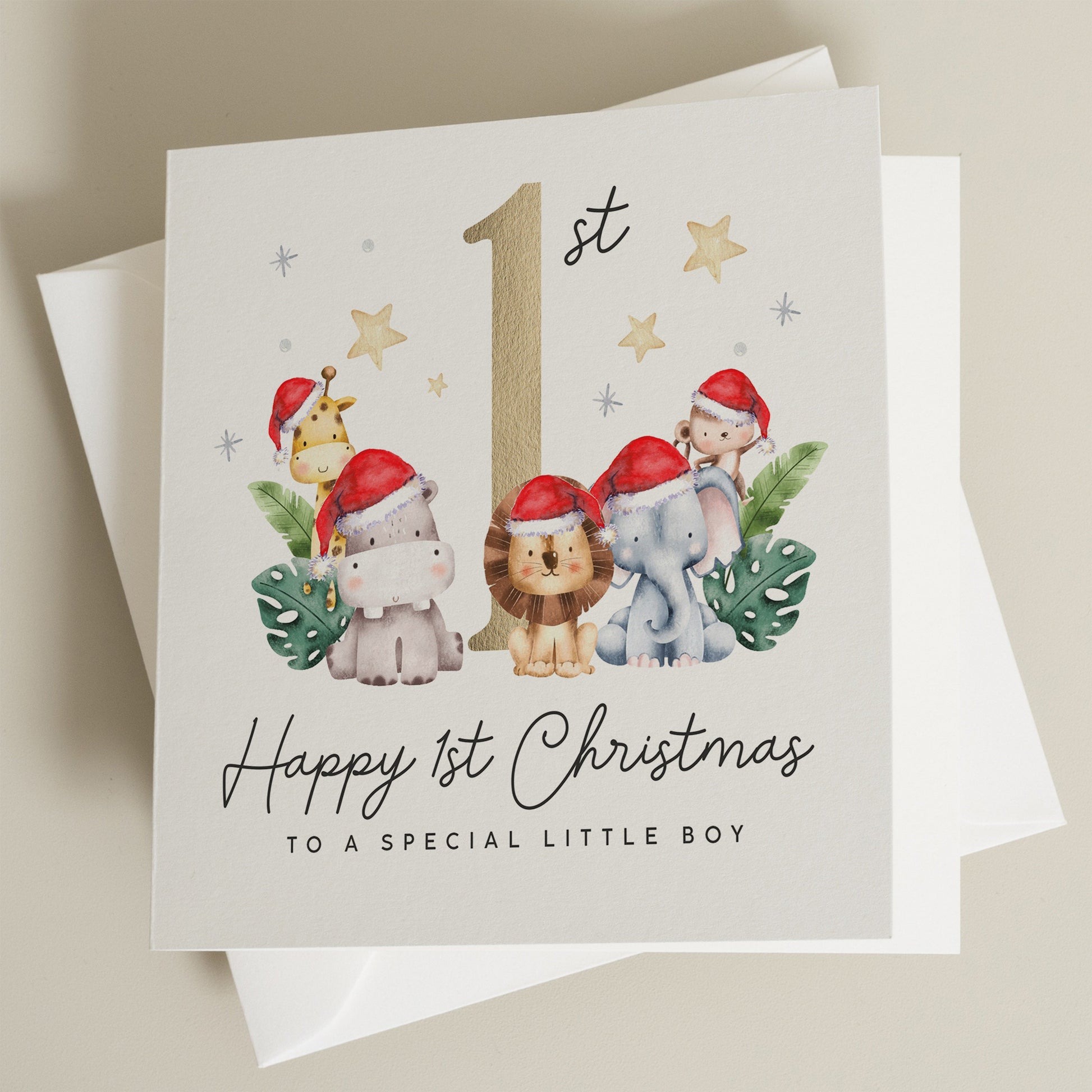 Happy 1st Christmas Card, Boy Christmas Card, First Christmas Card with Cute Christmas Animal, Baby Girl 1st Christmas Card