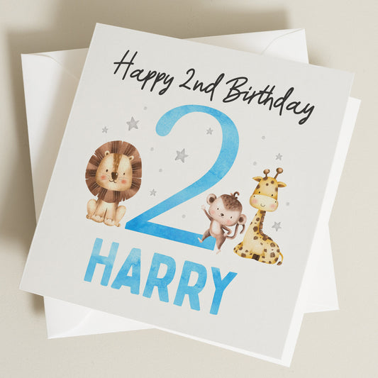 Personalised 2nd Birthday Card, Any Big Number Blue Birthday Card With Cute Animal Birthday Card, Safari Birthday Card For Son BC1181