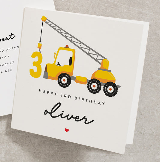 Yellow Crane Construction Theme 3rd Personalised Birthday Card, Happy 3rd Birthday Card, Birthday Card For Son, Birthday Card For Son BC1131