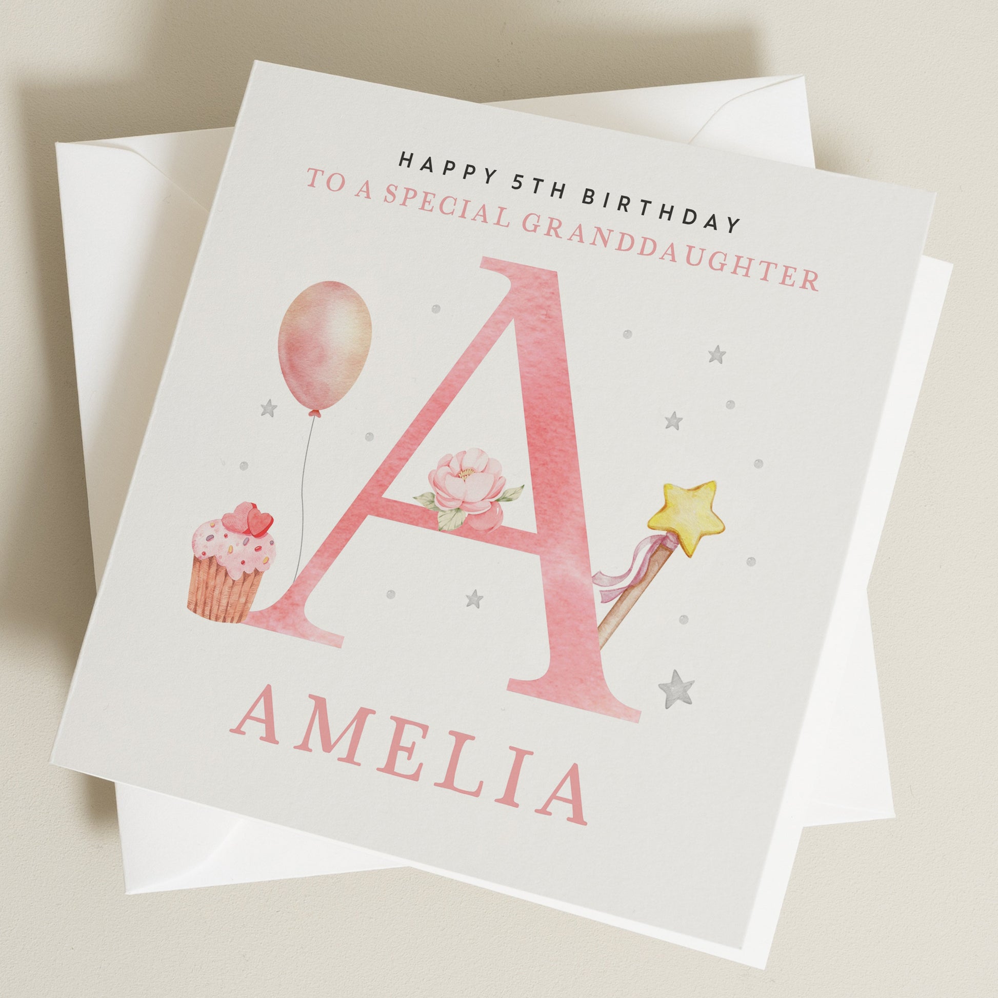 Granddaughter Personalised 5th Birthday Card, Any Age Any Letter Birthday Card For Granddaughter, Cute Pink Card For Granddaughter, BC1242