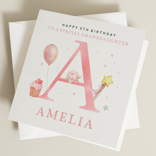 Granddaughter Personalised 5th Birthday Card, Any Age Any Letter Birthday Card For Granddaughter, Cute Pink Card For Granddaughter, BC1242