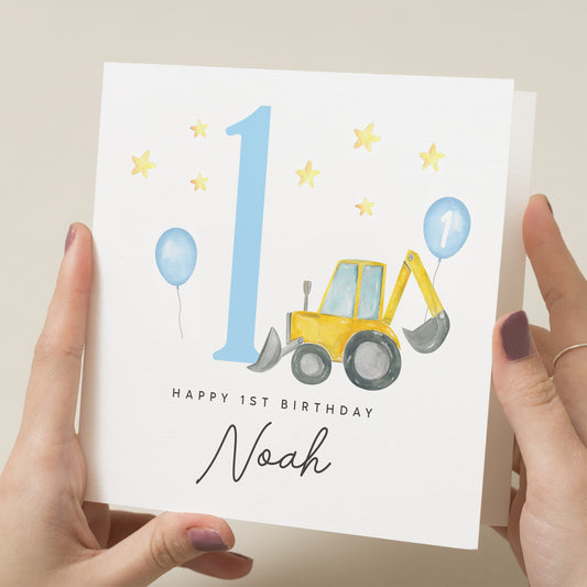 Personalised 1st Birthday Card For Son, Digger Birthday Card, Construction Birthday Card For Boy, For Grandson, 1 Year Old Boy Gift