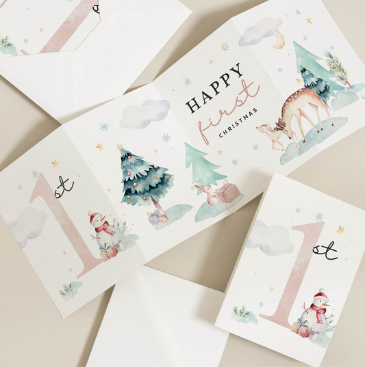 Happy 1st Christmas Card, Christmas Card For Girl, First Christmas Card Boy, with Cute Winter Animal, Baby&#39;s 1st Christmas Card