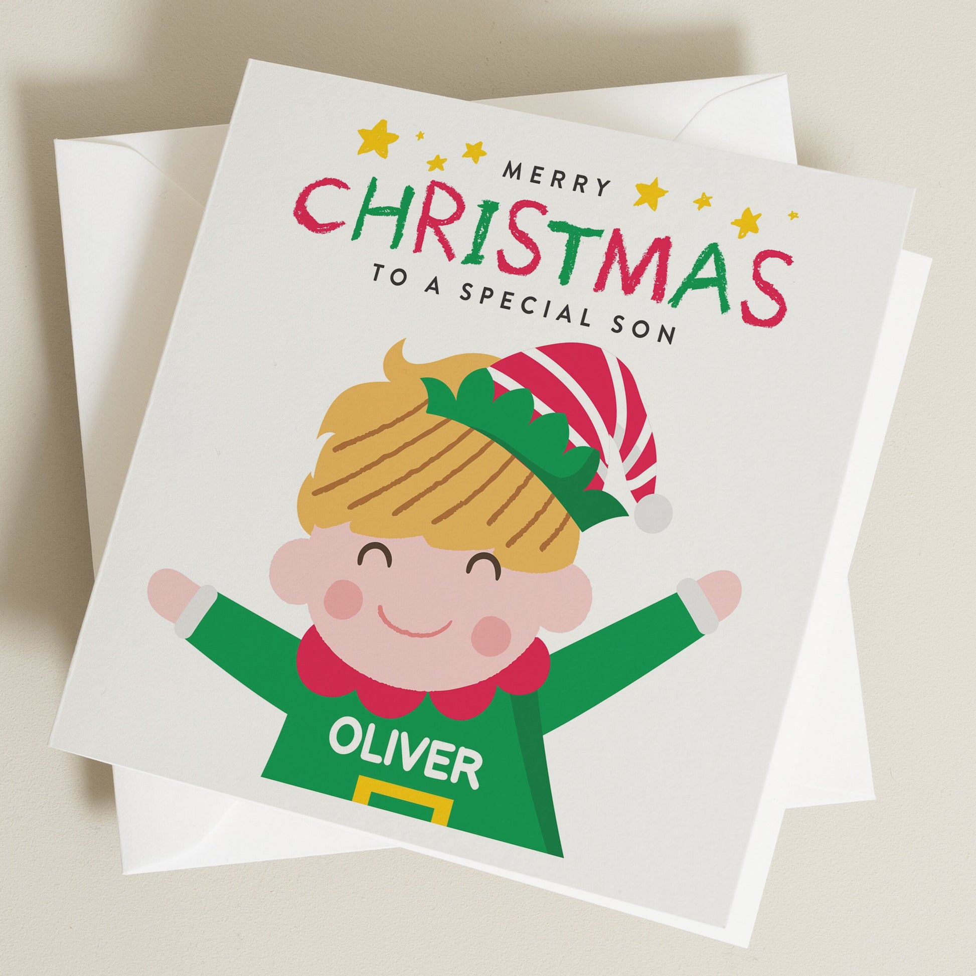 Personalised Christmas Card for Son, Son Christmas Card, Christmas Elf Card for Baby Boy, Christmas Card for Children, Kids Christmas Card