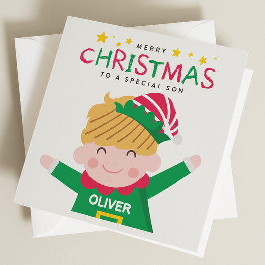 Personalised Christmas Card for Son, Son Christmas Card, Christmas Elf Card for Baby Boy, Christmas Card for Children, Kids Christmas Card