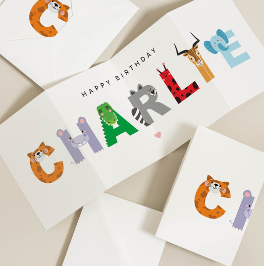 Personalised Animal Birthday Card, Boy Birthday Jungle Card, Safari Animals Card For Girl, Kids Birthday Card With Animals, Animal Alphabet