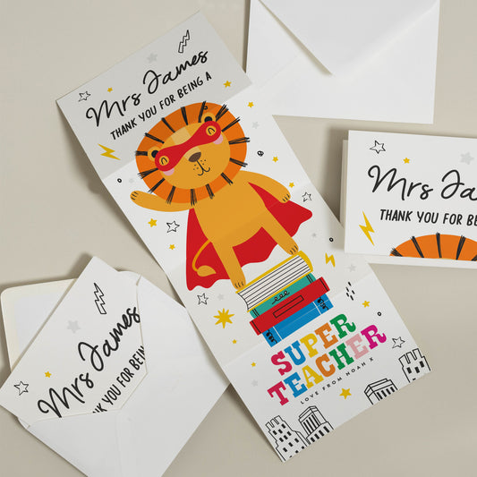 Teacher Thank You Card, Superhero Personalised Teacher Thank You,  Cute Lion Thank You Card, Super Teacher Card, Card With Envelope TC094