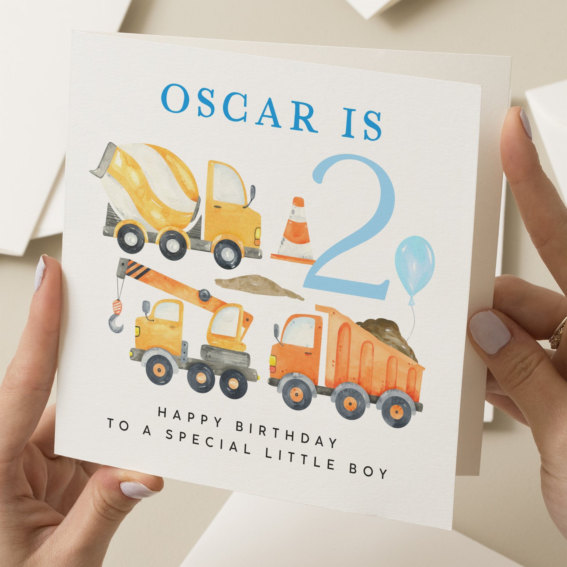 Personalised 2nd Birthday Card For Son, Digger Birthday Card, Construction Birthday Card For Boy, For Grandson, 2 Year Old Boy Gift